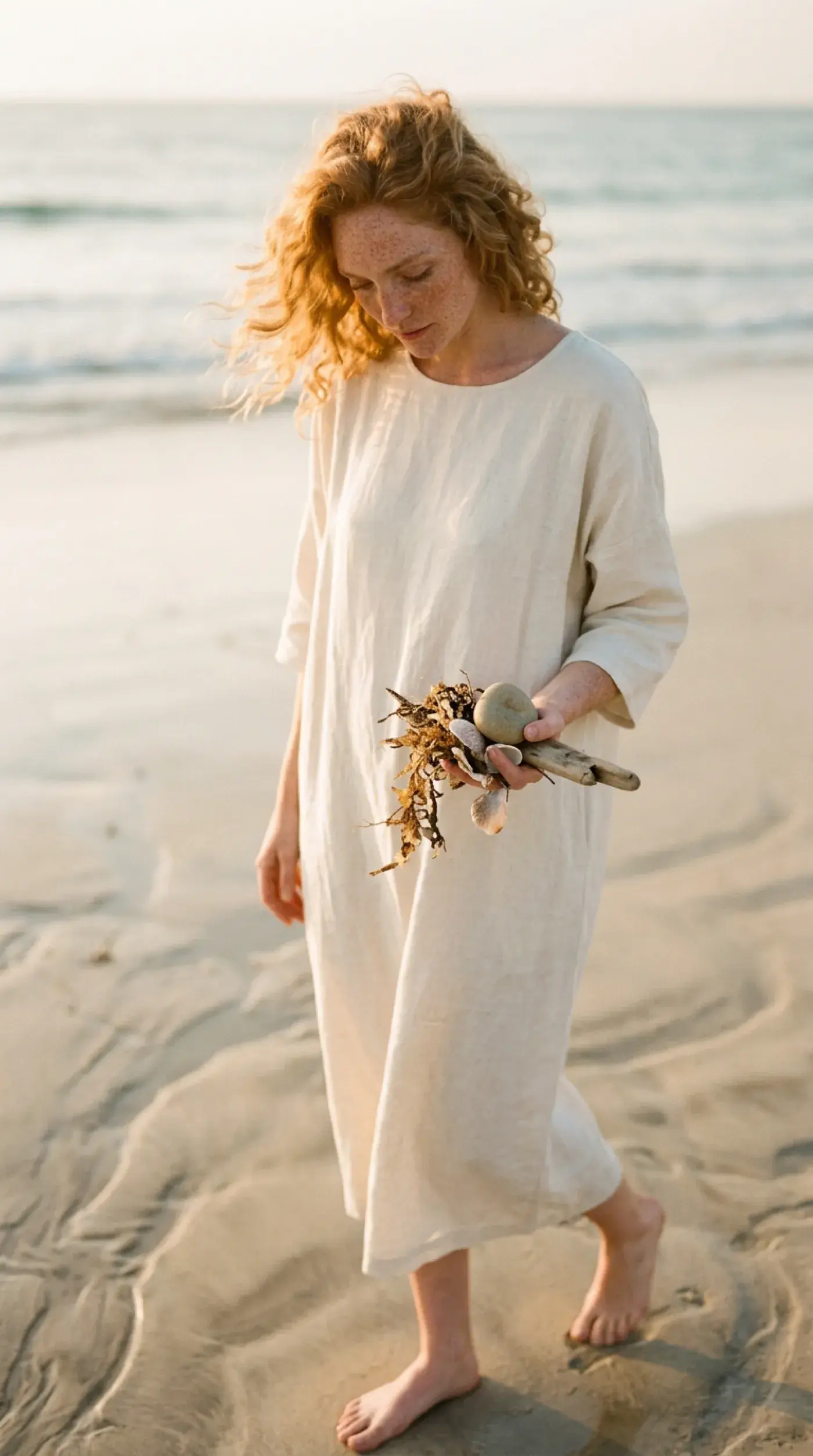 Charlotte studying natural textures on a beach