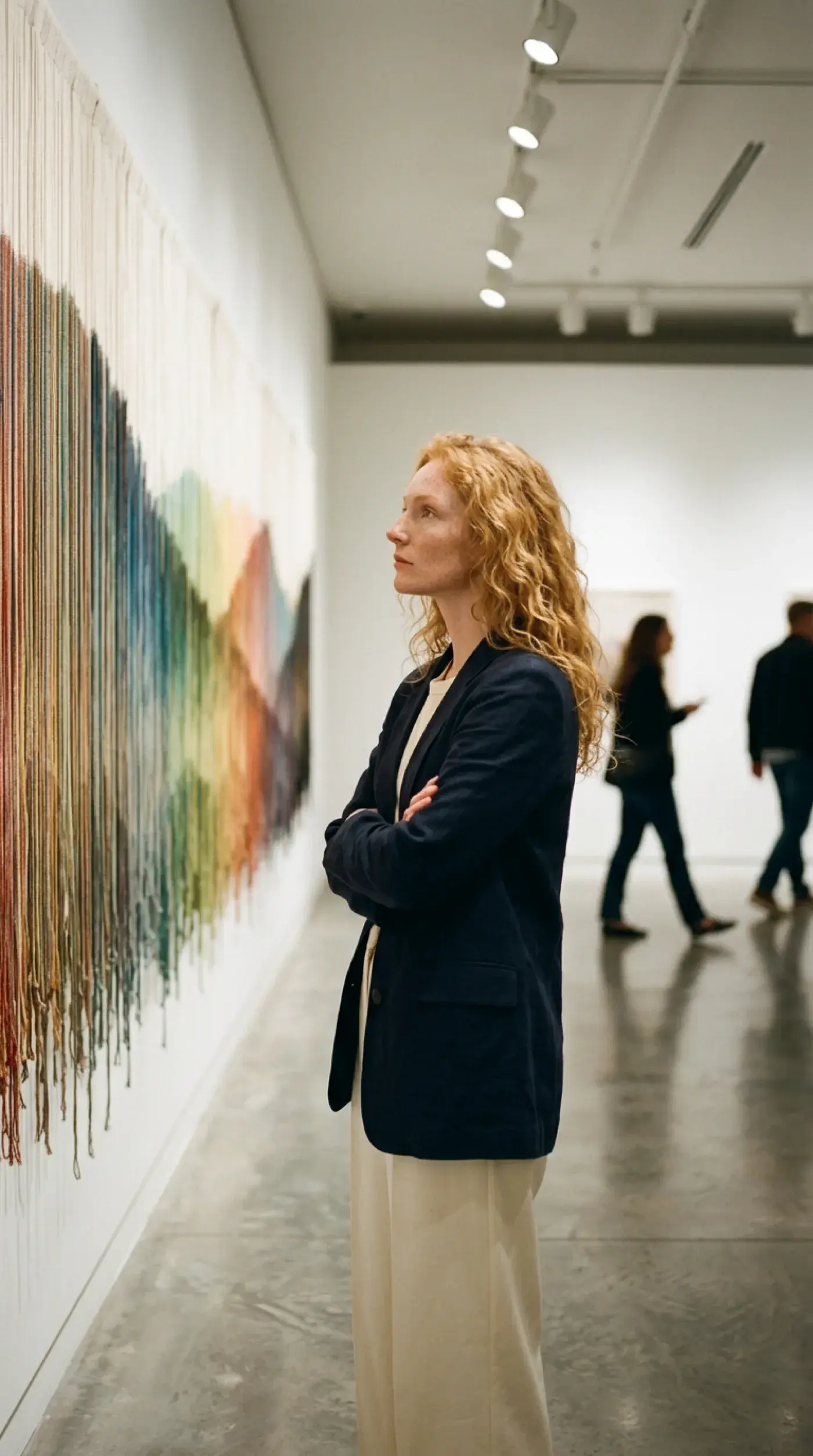Charlotte in a gallery studying wall compositions