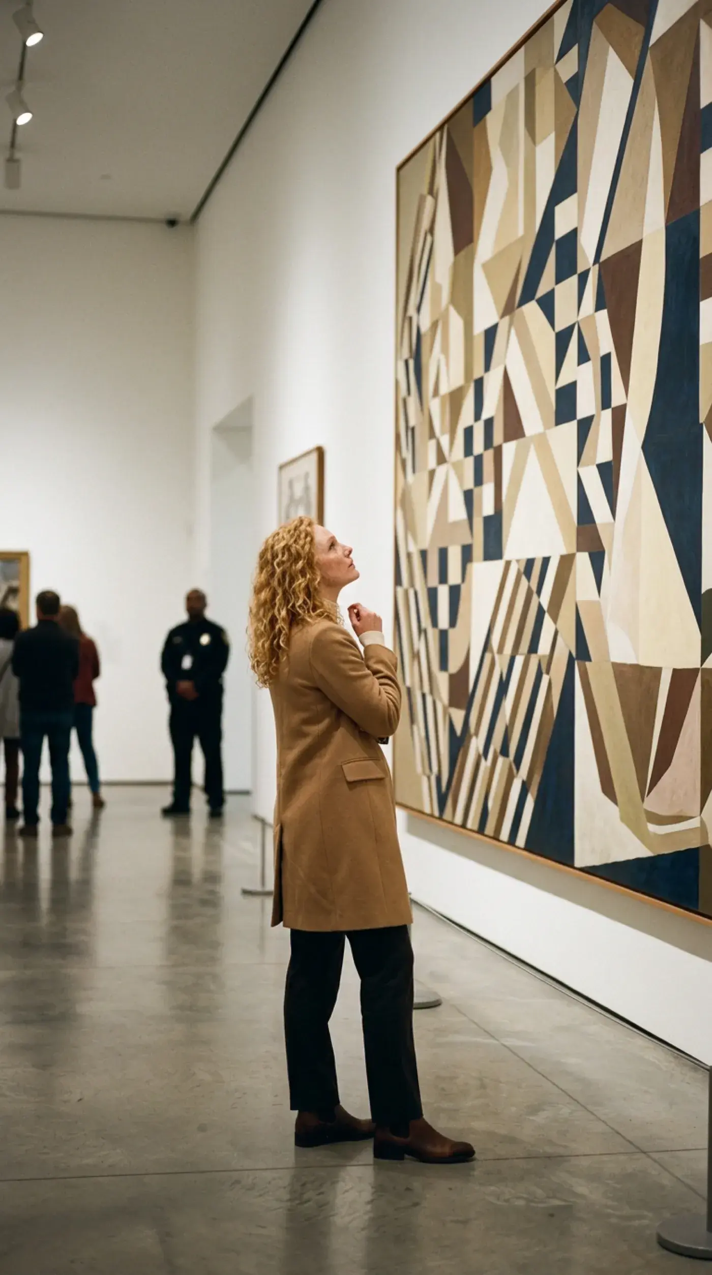 Charlotte studying textile art in a museum