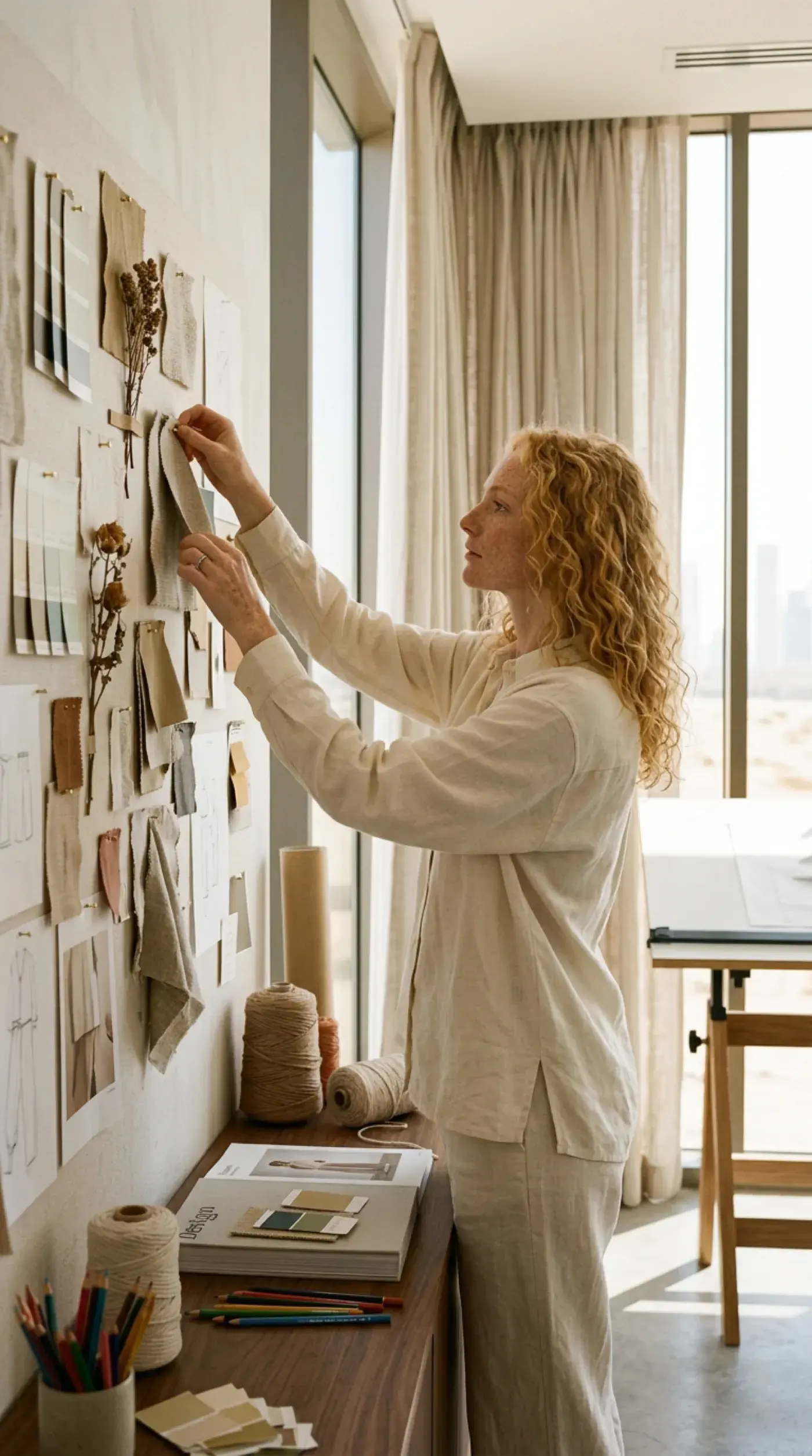 Charlotte Engstrom pinning design references in her studio