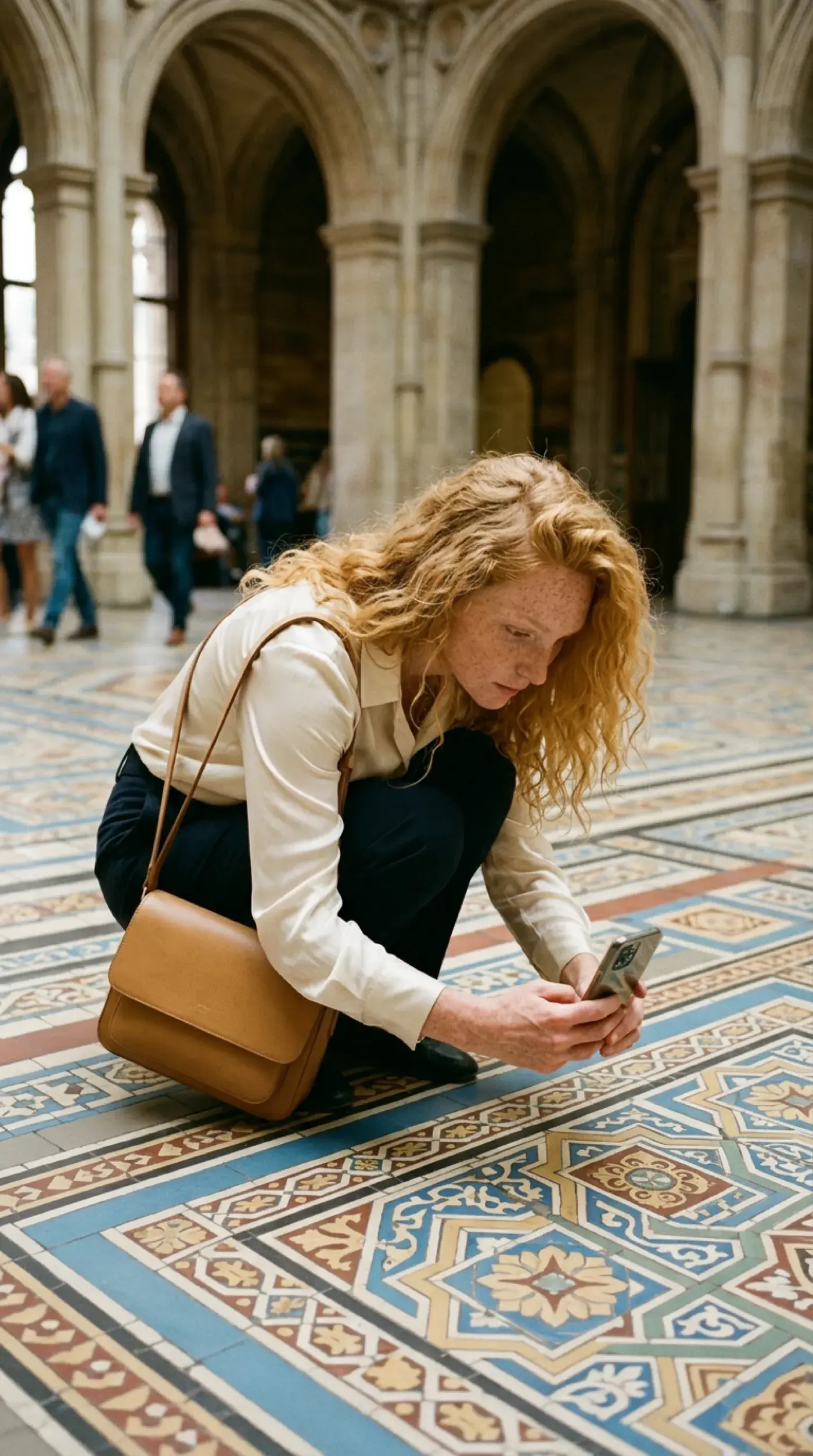 Charlotte studying tile patterns and geometric designs
