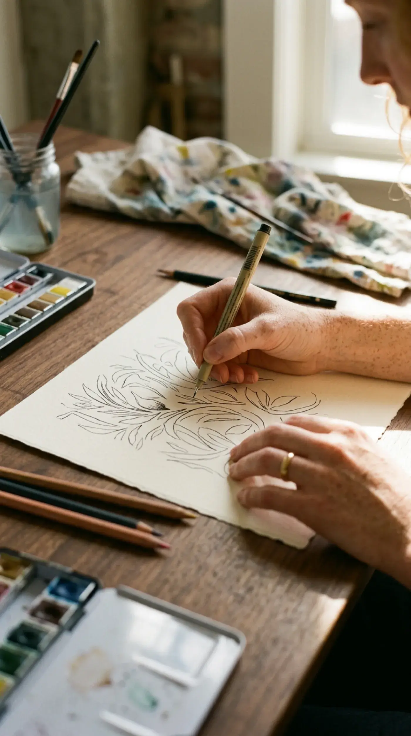 Charlotte's hands sketching rug designs