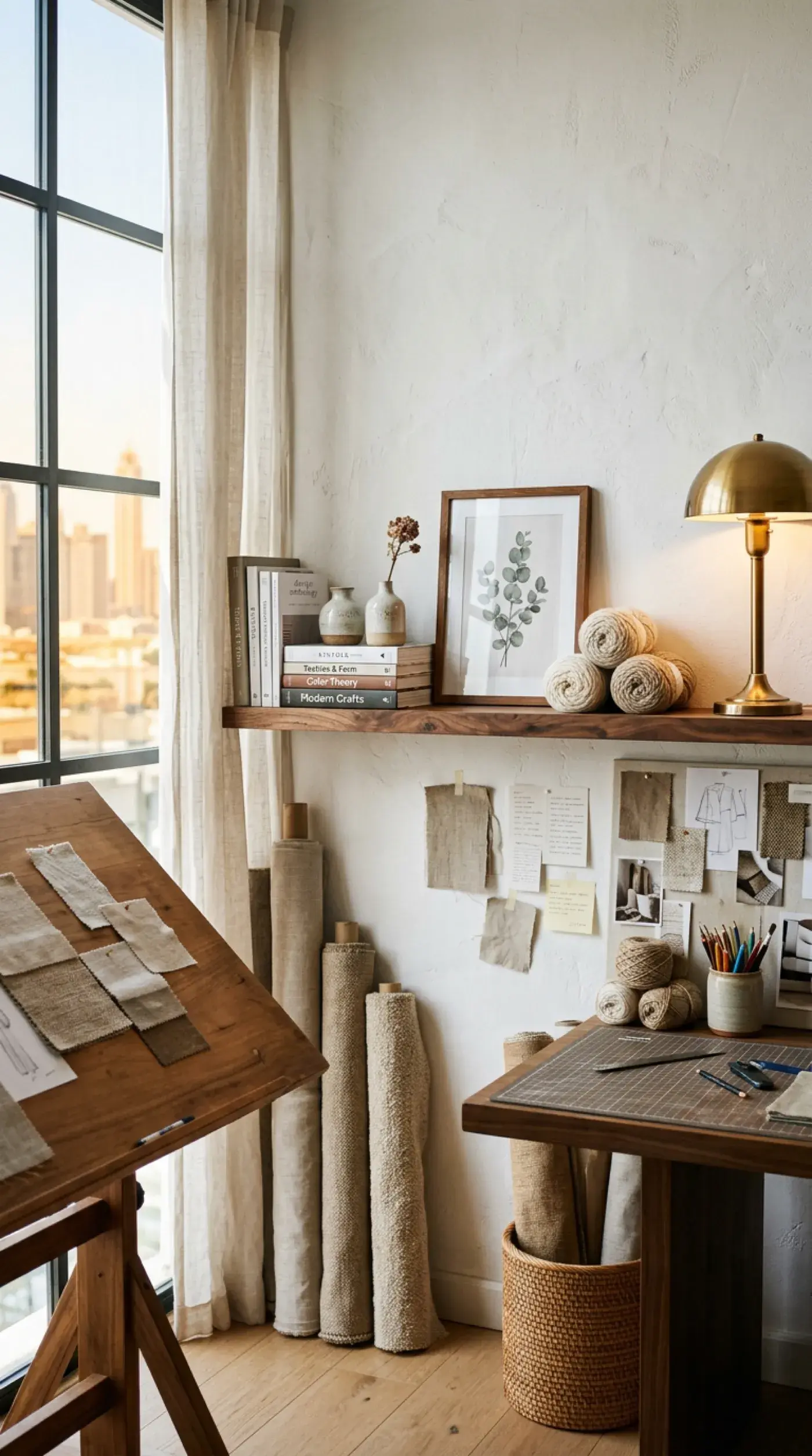 Design studio with material samples and mood boards