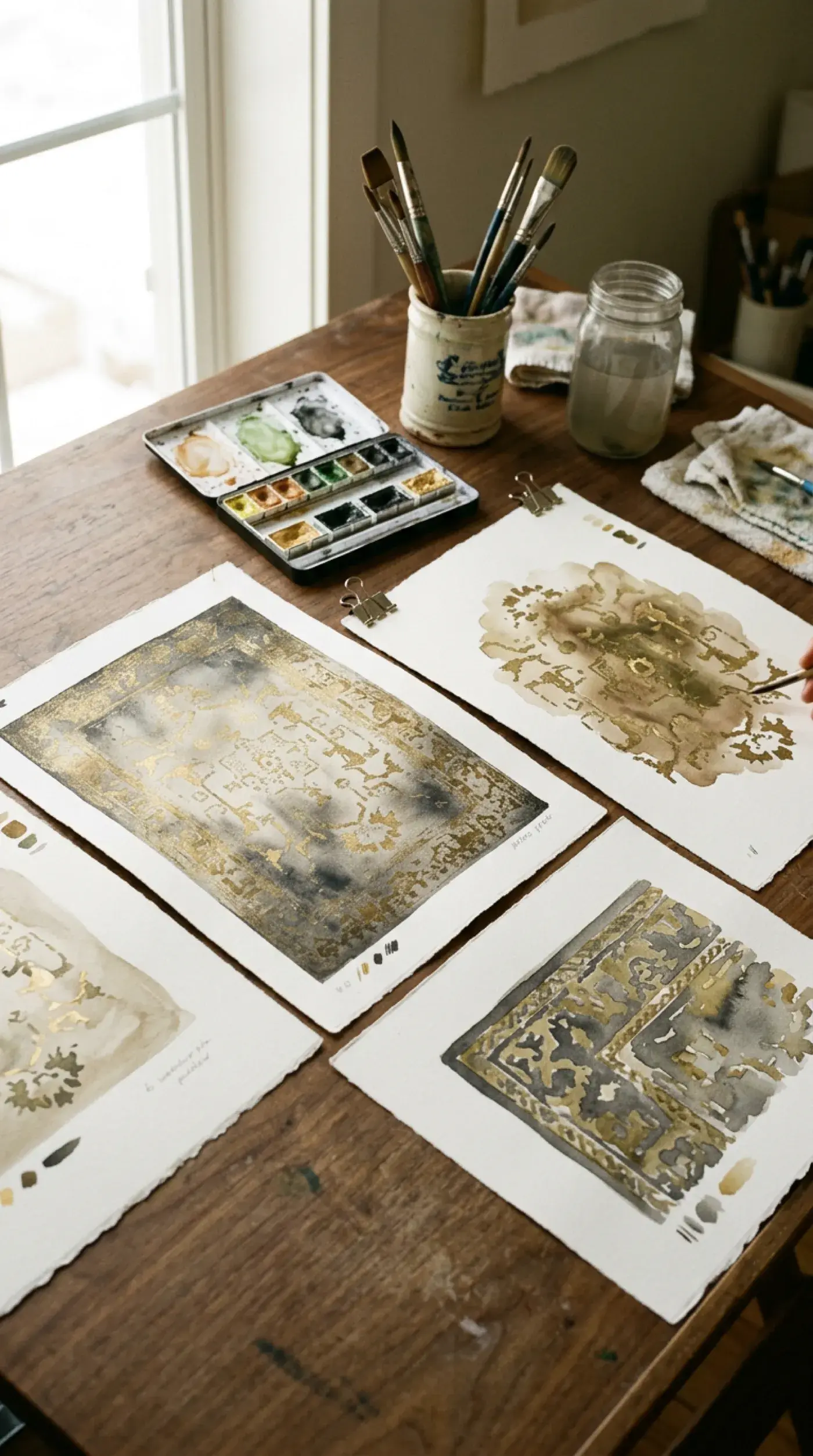 Watercolor studies for rug color palettes