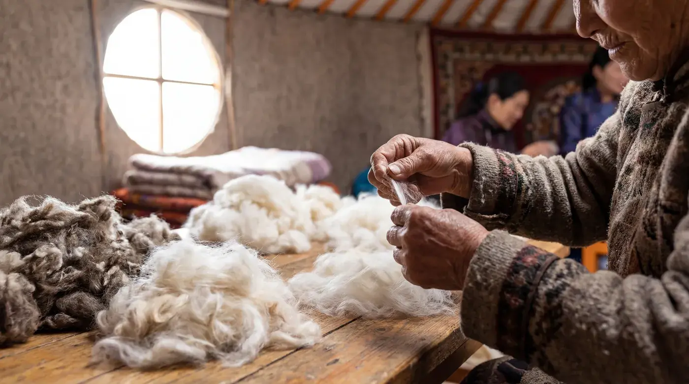 Artisan sorting cashmere fibers by hand