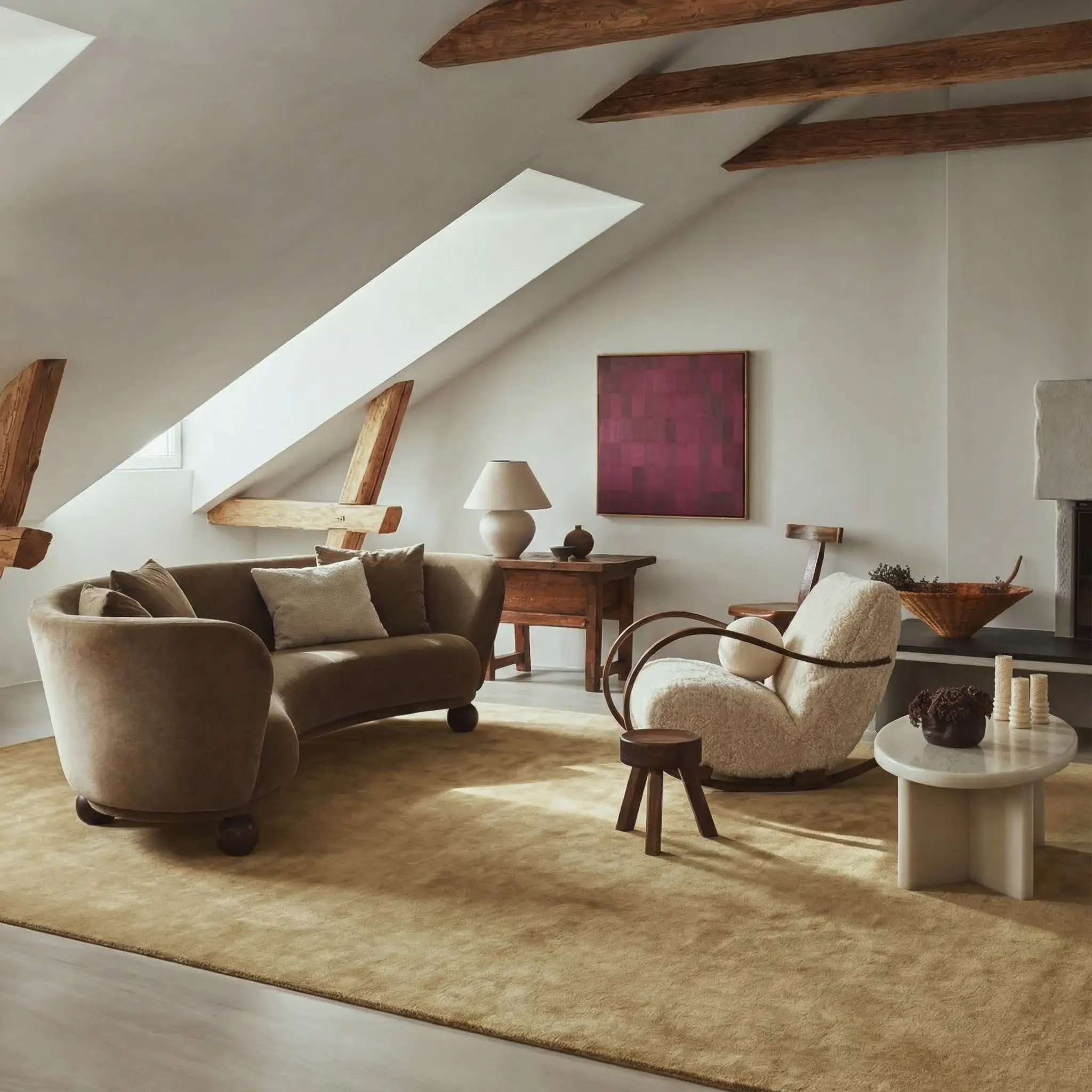 Cashmere Caramel rug in attic loft with exposed beams