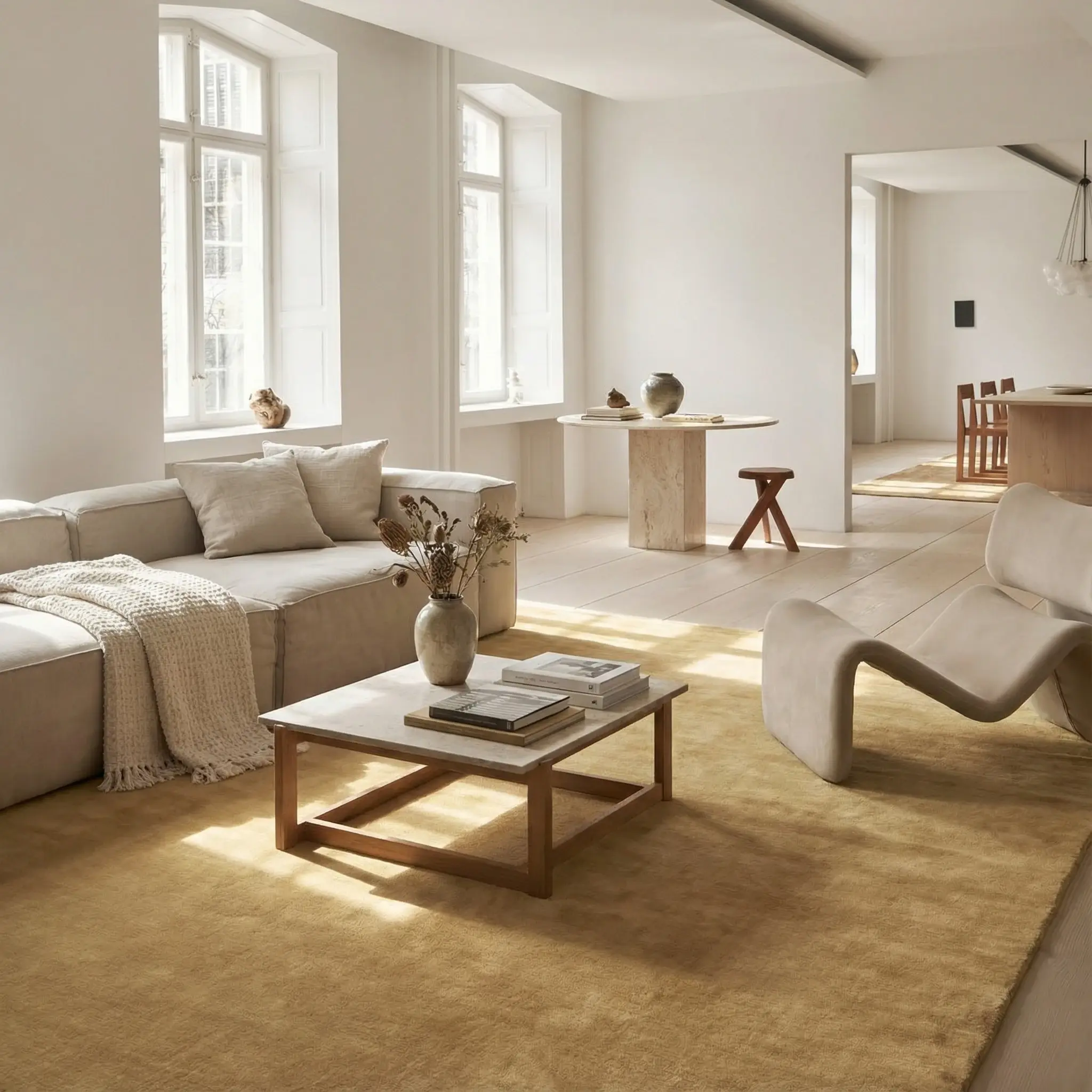 Cashmere Caramel rug in sunlit open-plan living space