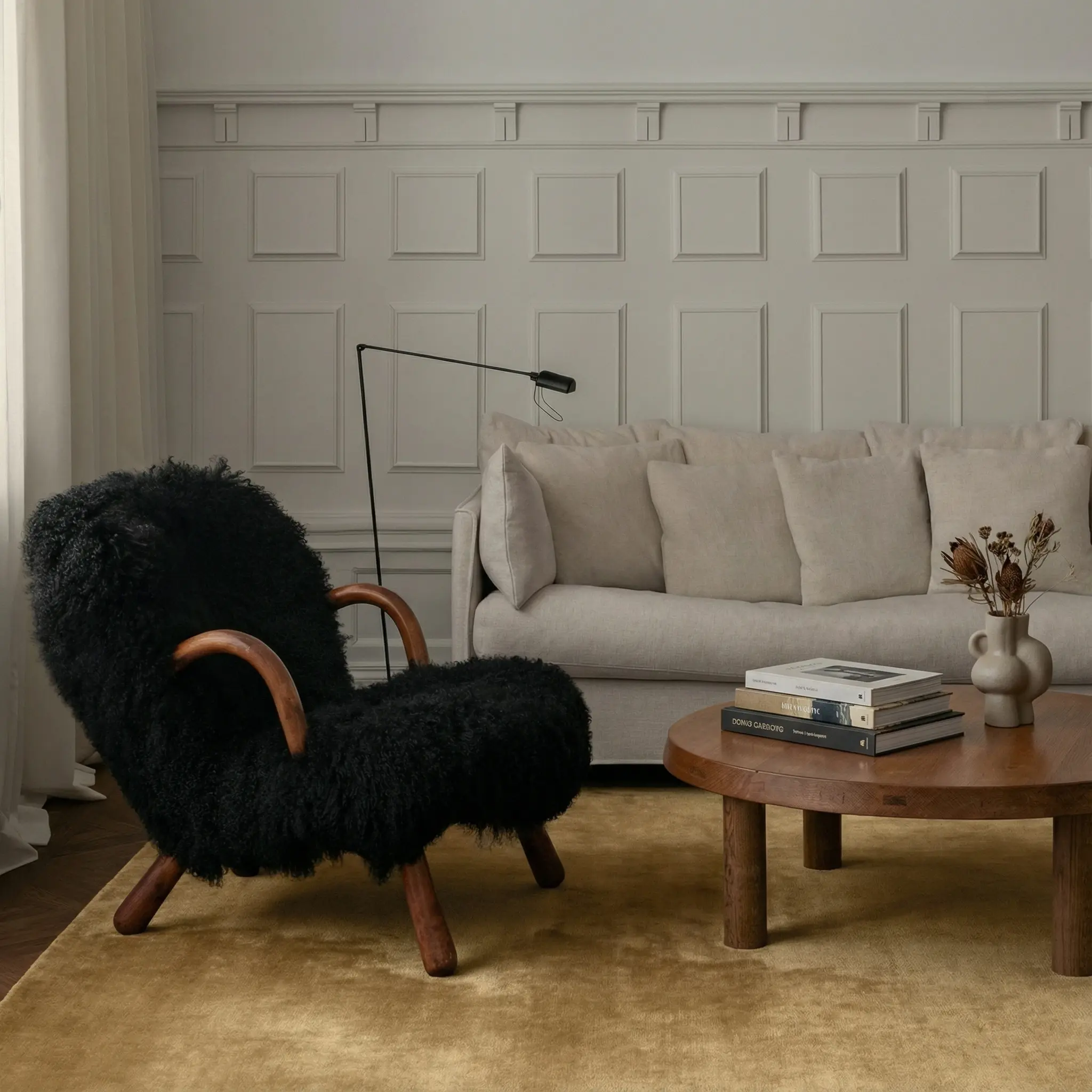 Cashmere Caramel rug in panelled room with designer furniture