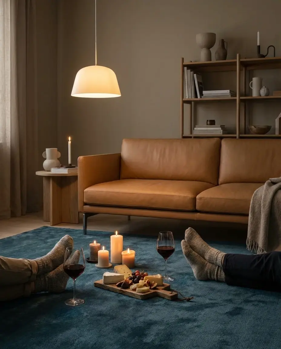 Cashmere Lagoon rug in wine evening setting