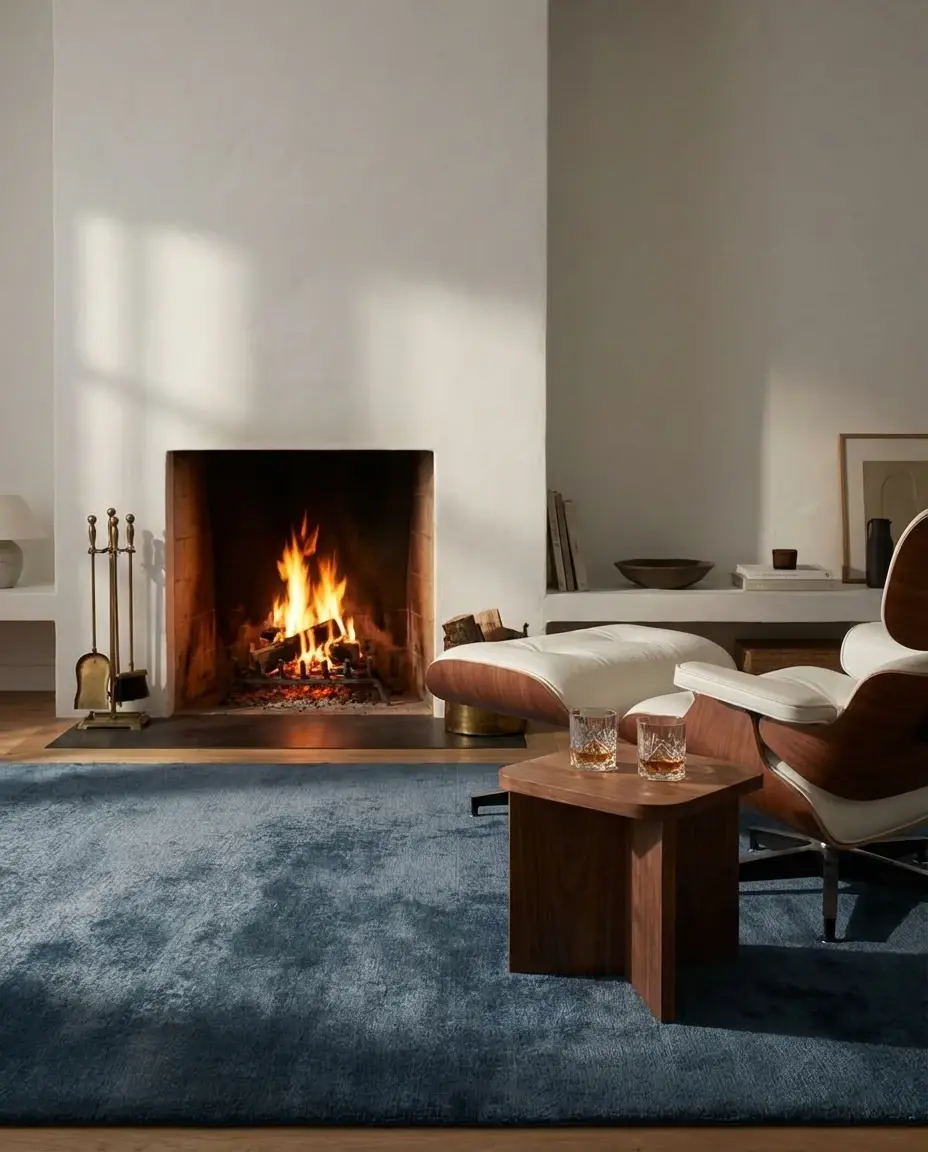 Cashmere Lagoon rug by fireplace with whiskey