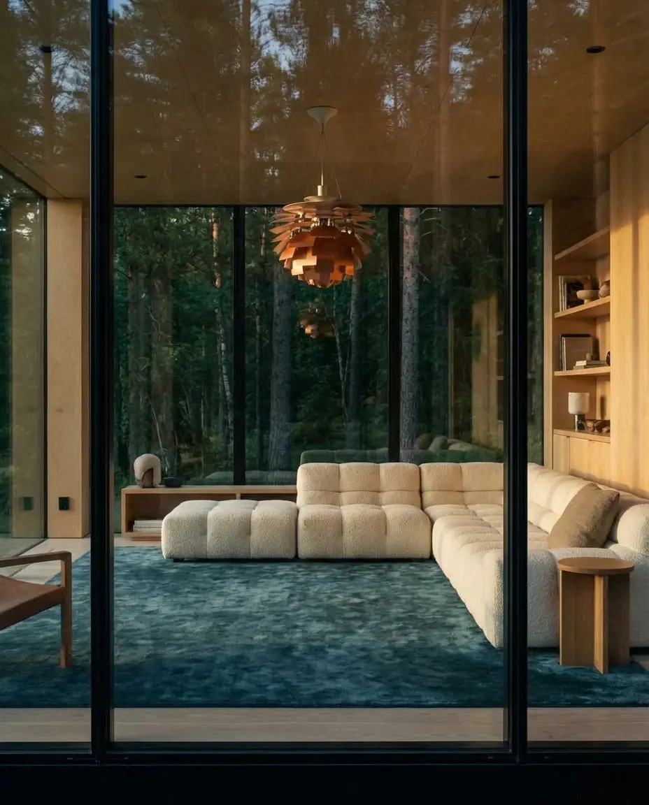 Cashmere Lagoon rug in glass pavilion at dusk