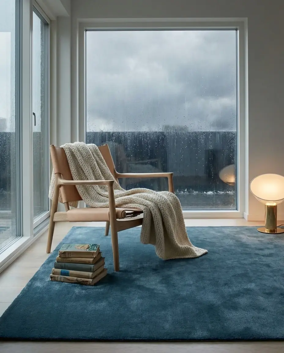 Cashmere Lagoon rug in rainy day reading nook