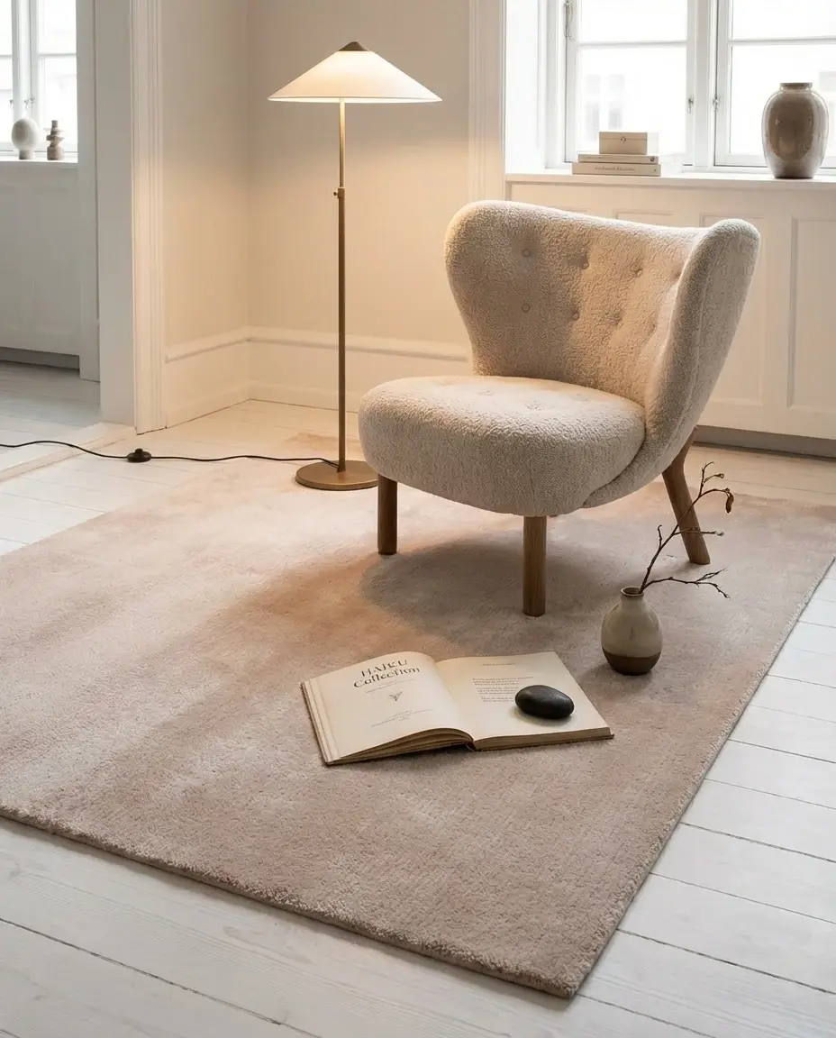 Cashmere Latte rug in reading haiku scene