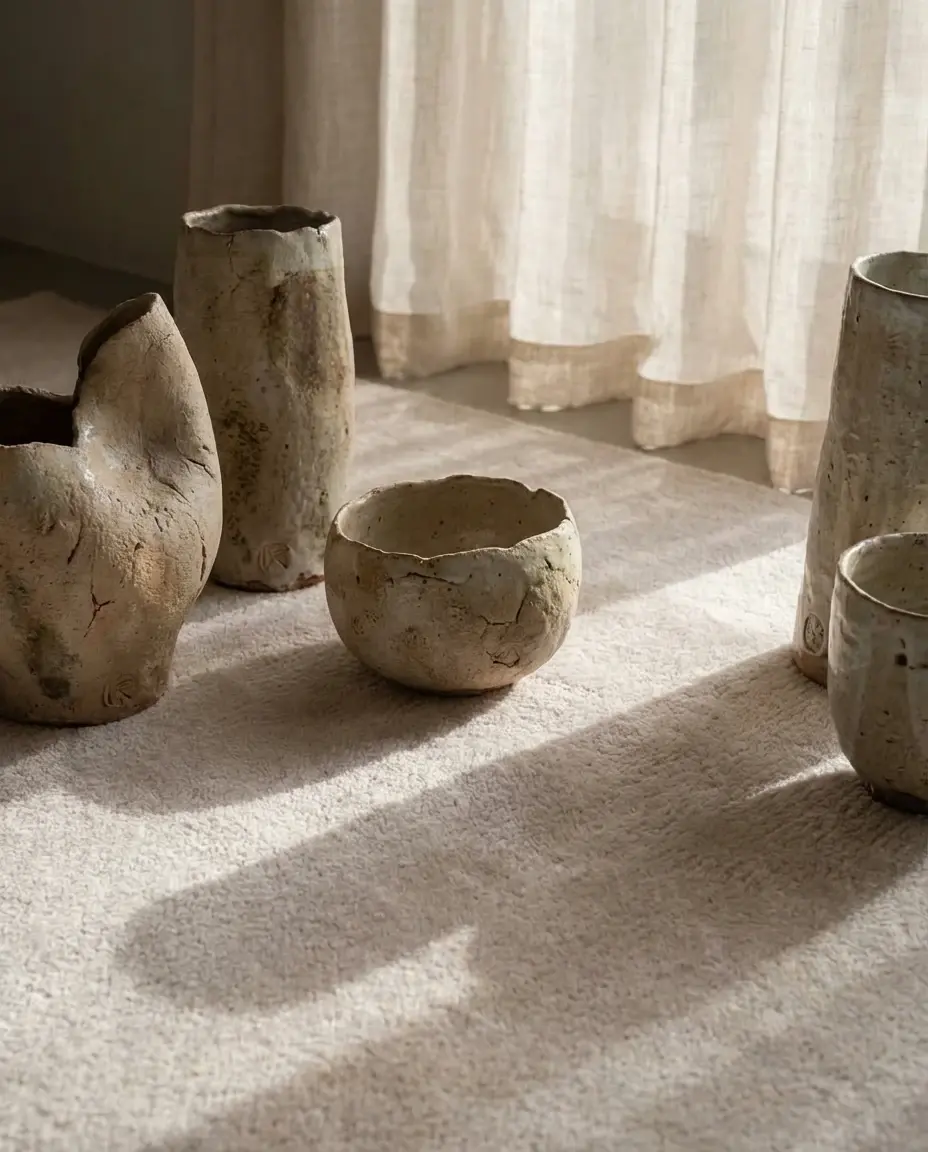 Cashmere Latte rug with ceramic shadow play