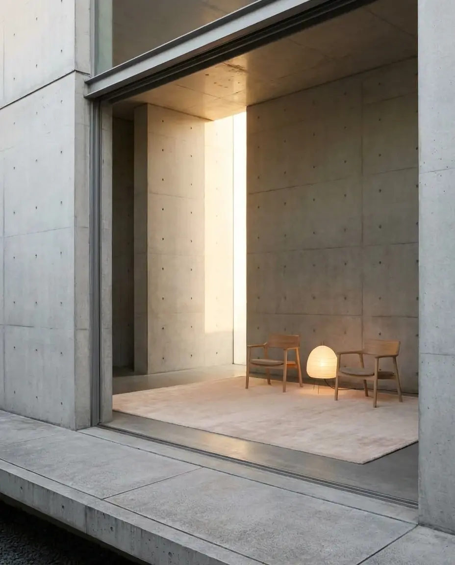 Cashmere Latte rug in concrete monastery setting