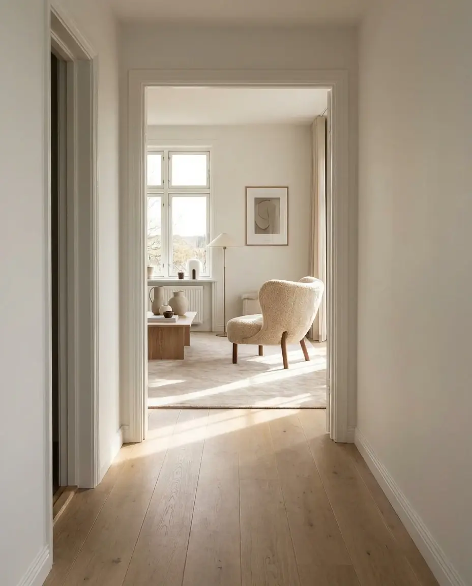 Cashmere Latte rug in hallway leading to living room