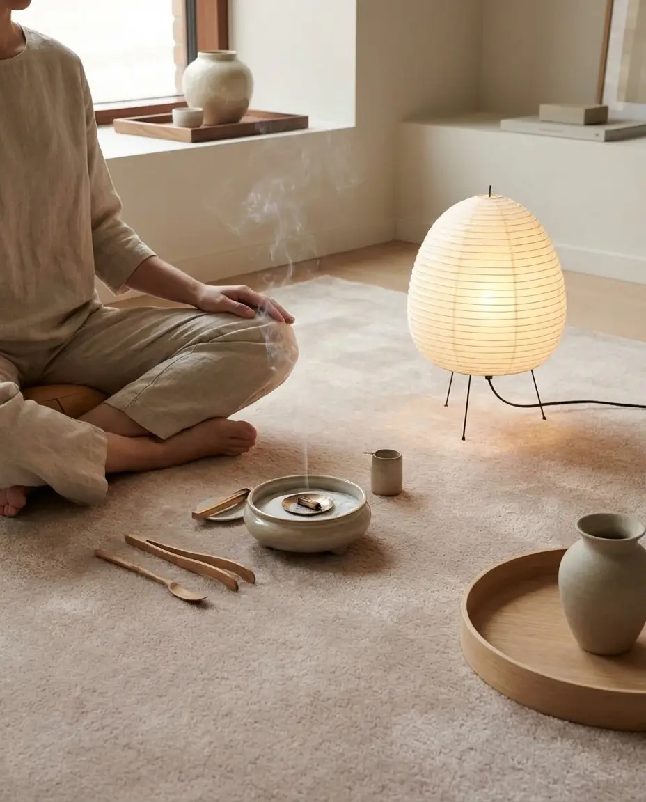 Cashmere Latte rug in incense meditation space