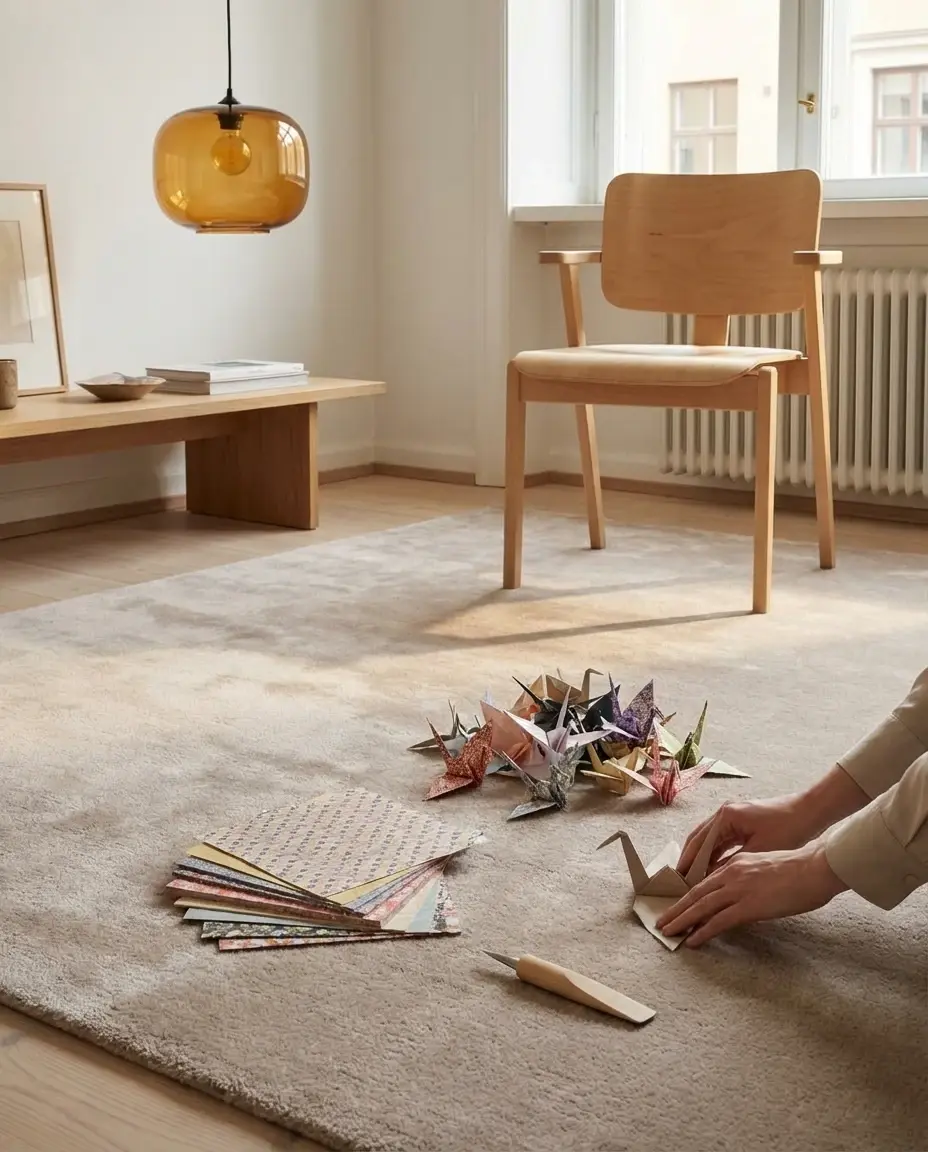 Cashmere Latte rug with origami crane detail