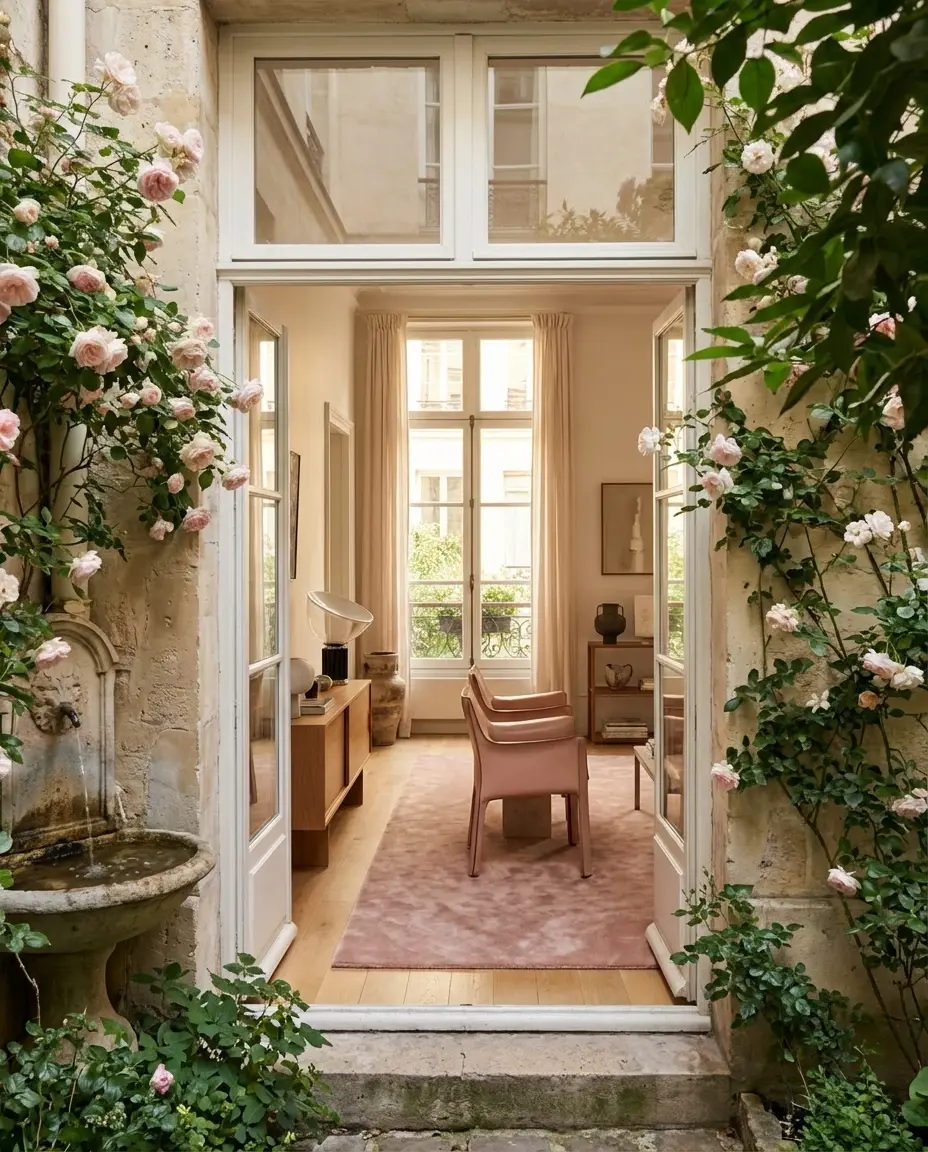 Cashmere Rose rug in courtyard garden apartment
