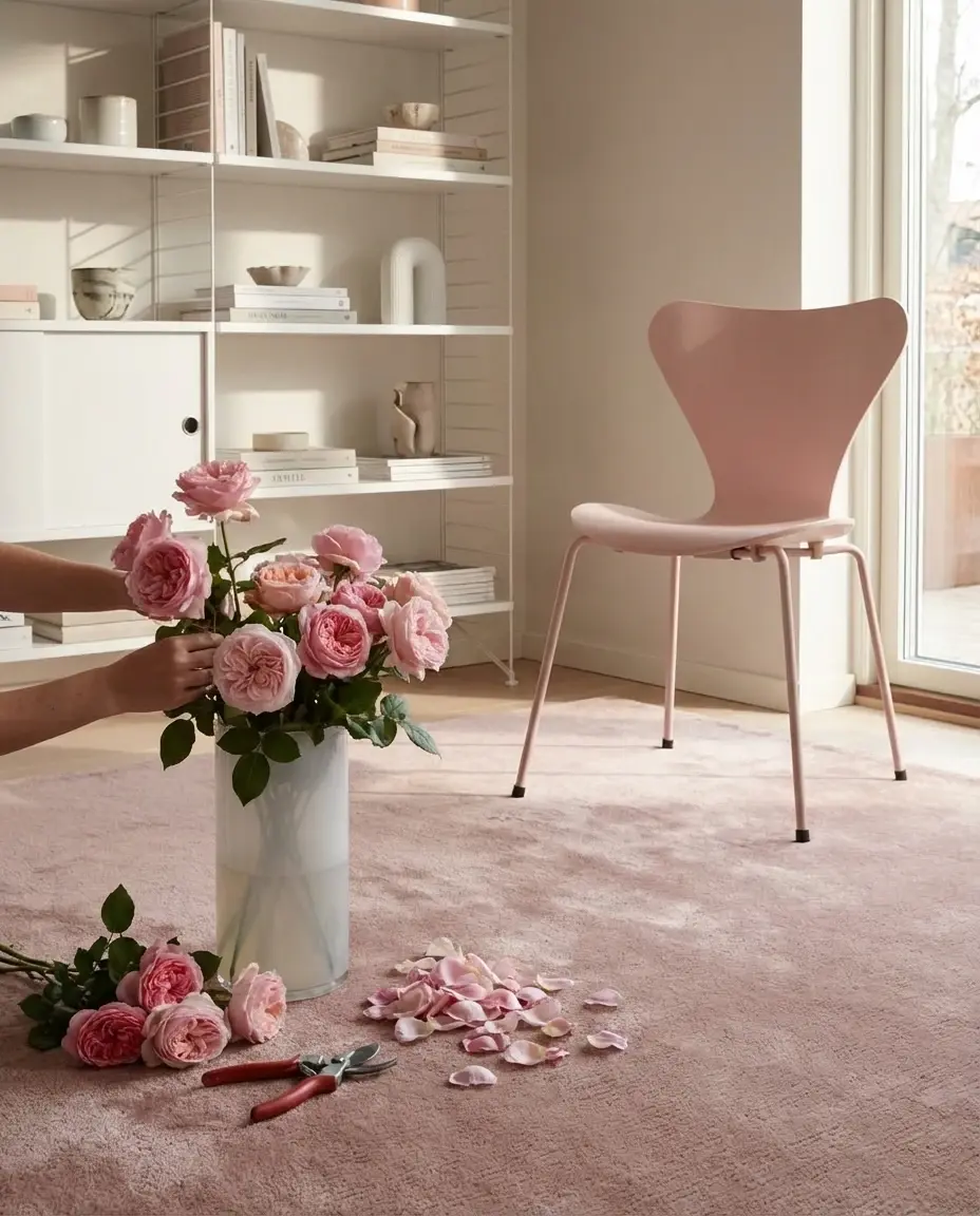 Cashmere Rose rug in flower arranging setting