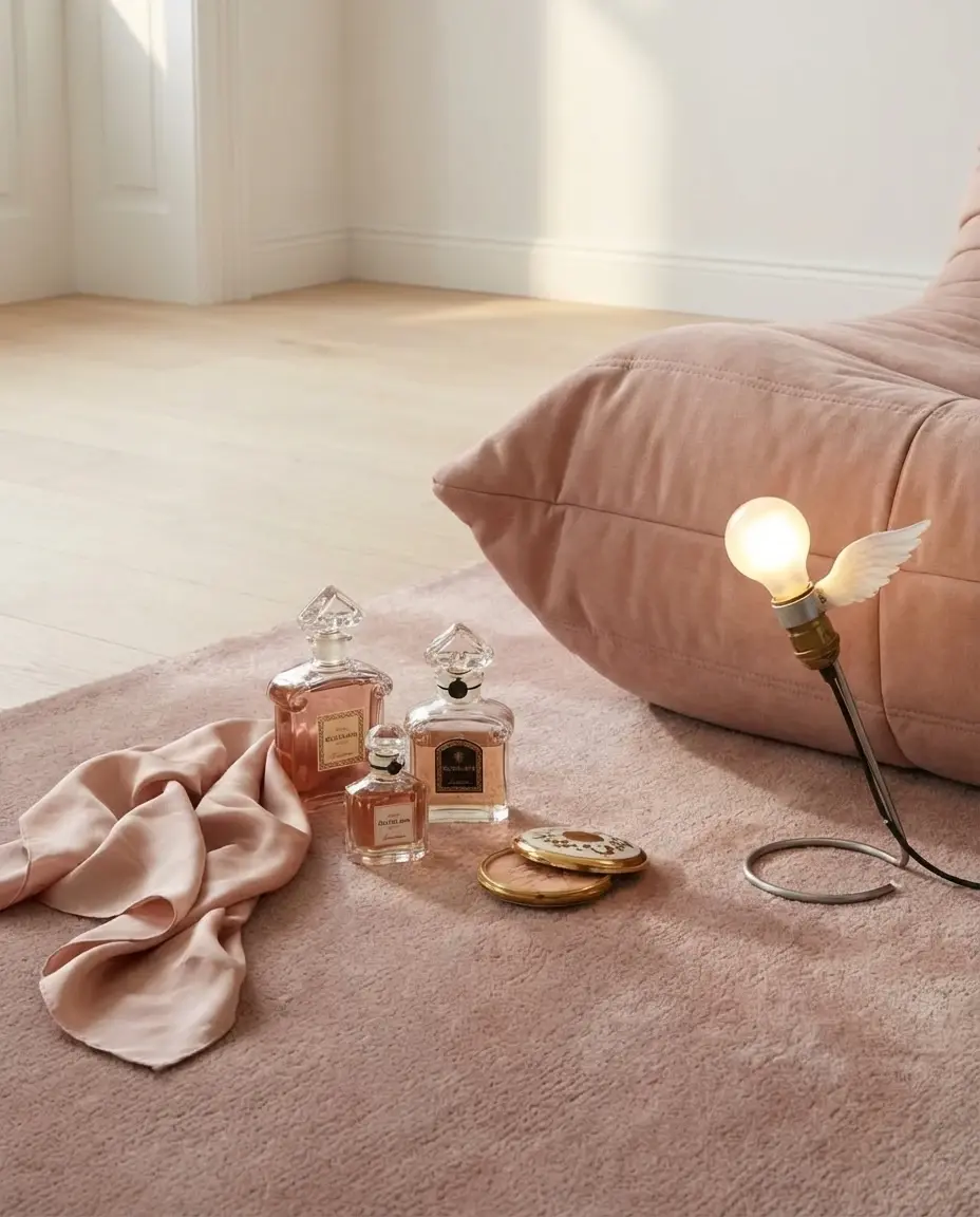 Cashmere Rose rug in perfume collection setting