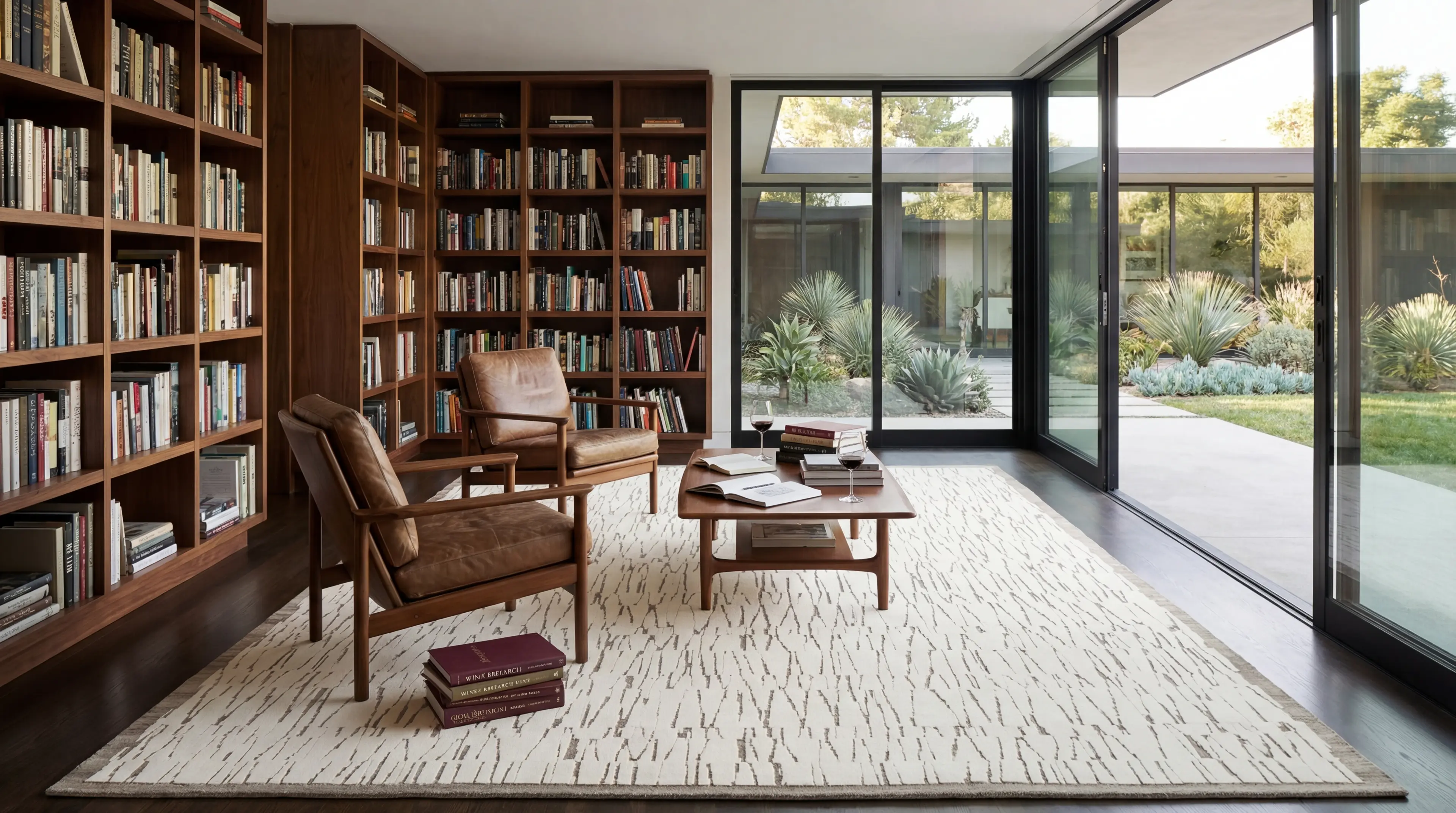 Kiri rug in walnut library with leather chair
