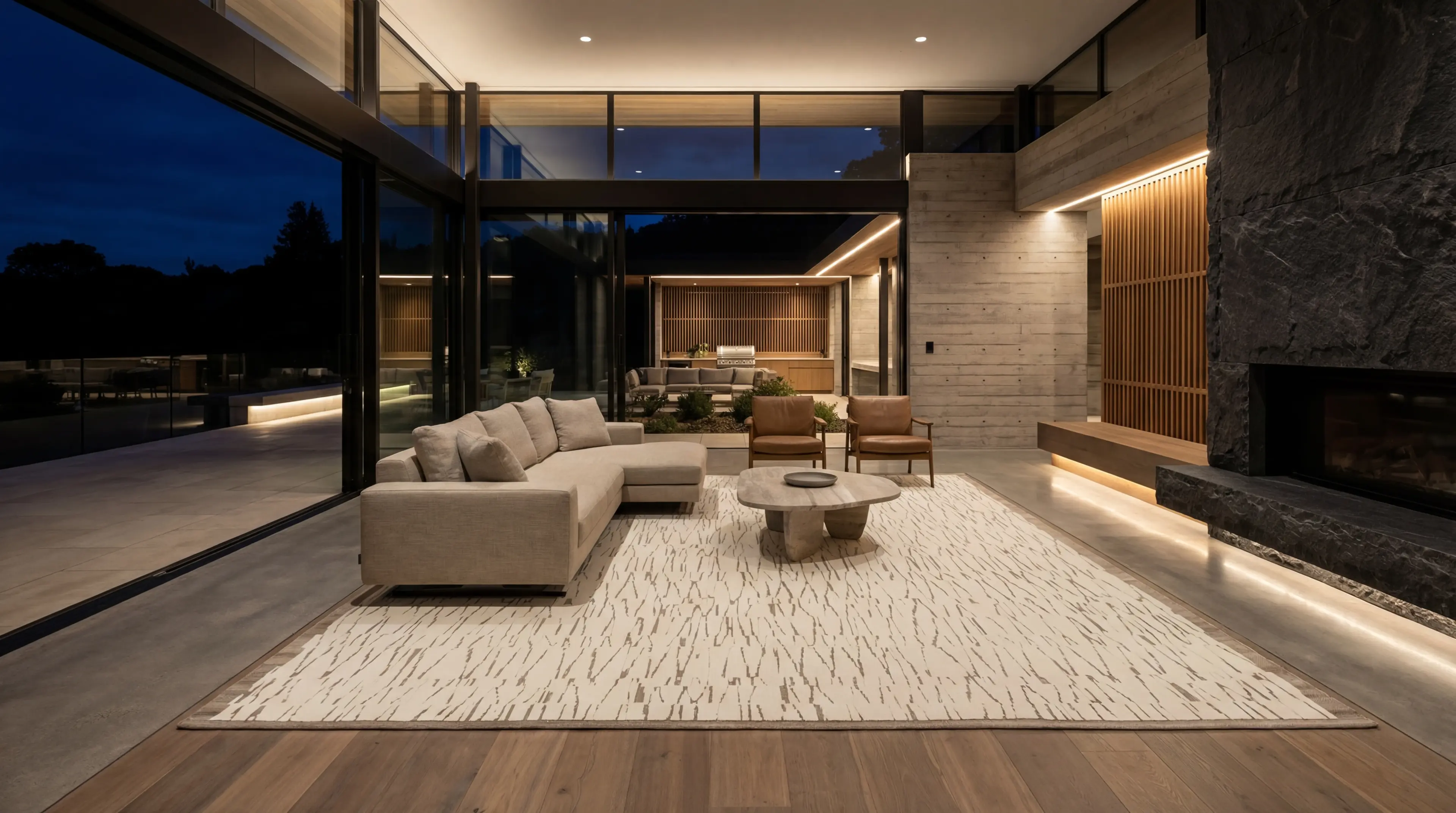 Kiri rug in evening living room with ambient lighting