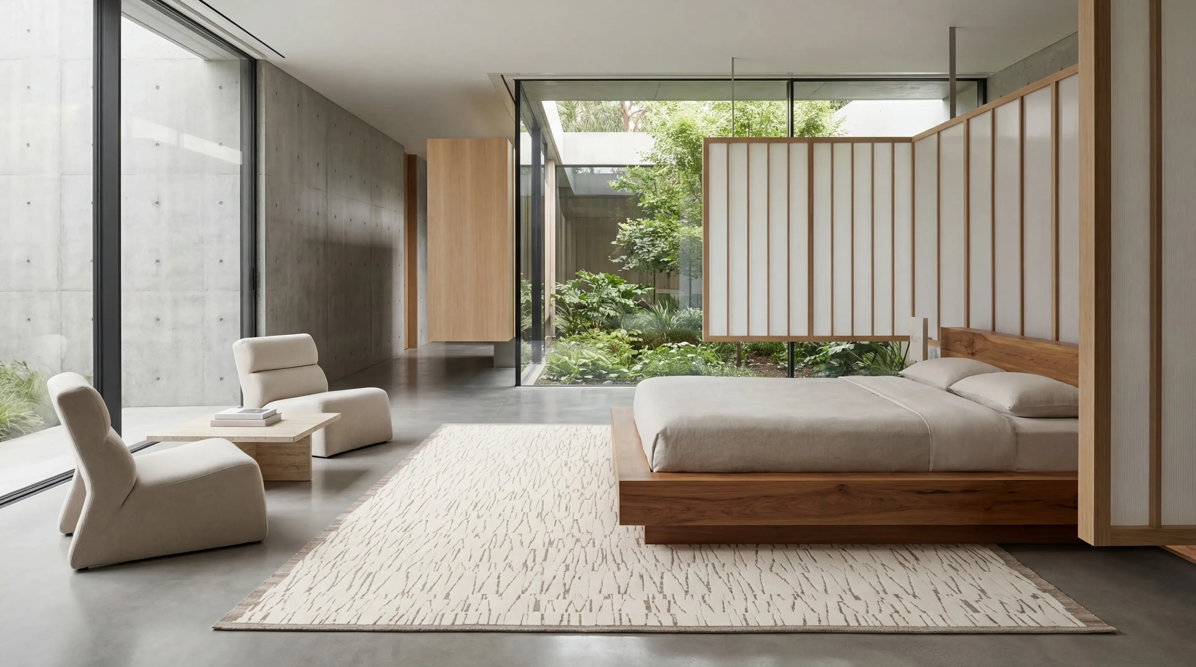 Kiri rug in Japanese-inspired zen bedroom