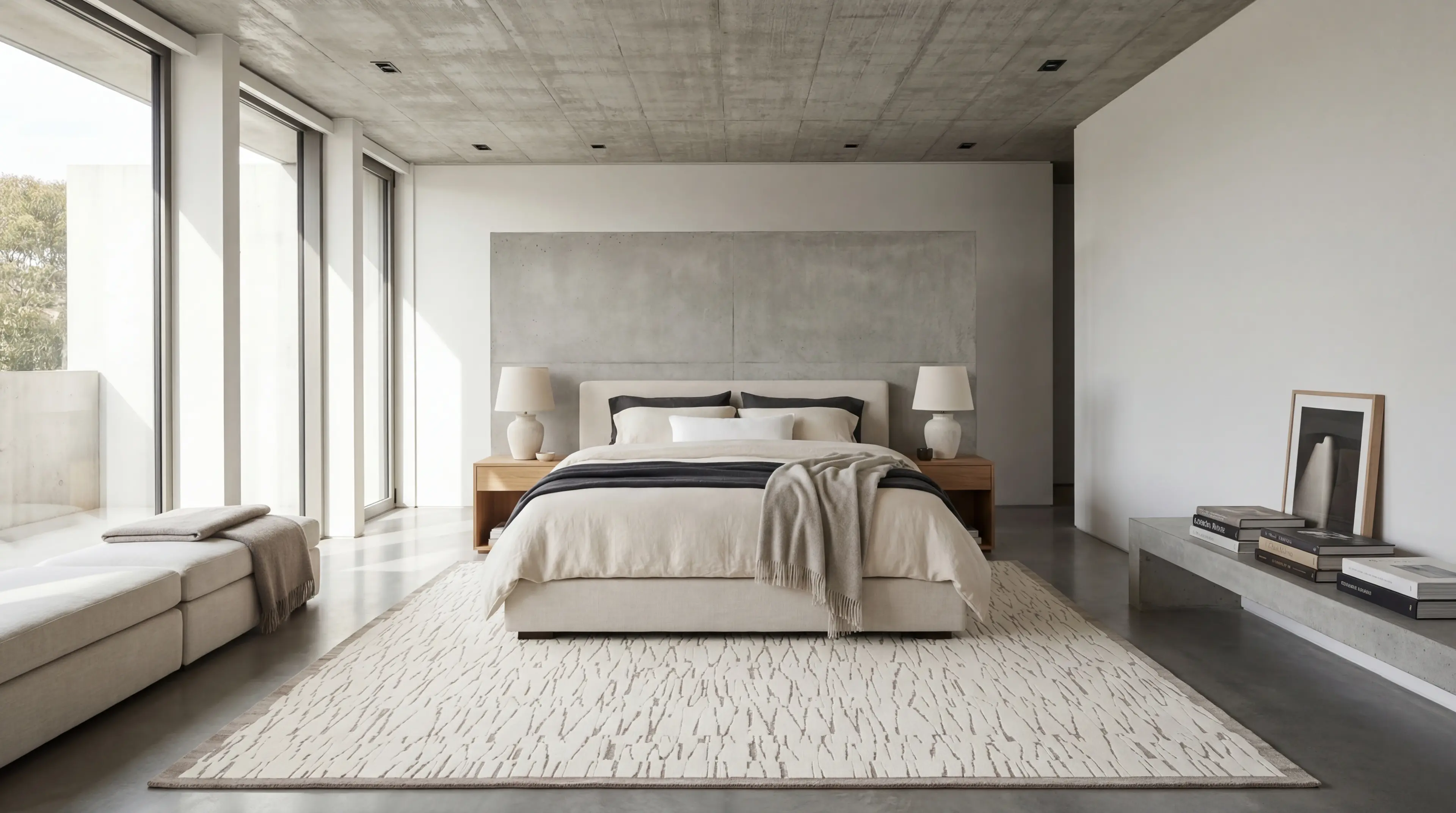 Kiri rug in minimalist concrete bedroom
