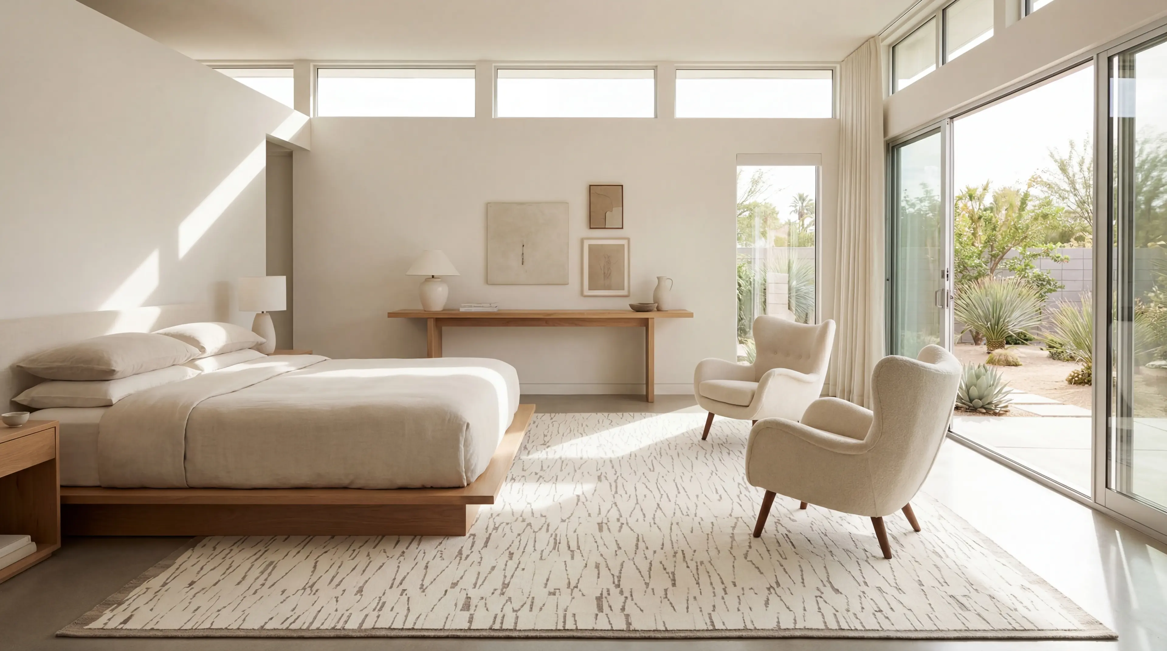 Kiri rug in desert bedroom with garden view