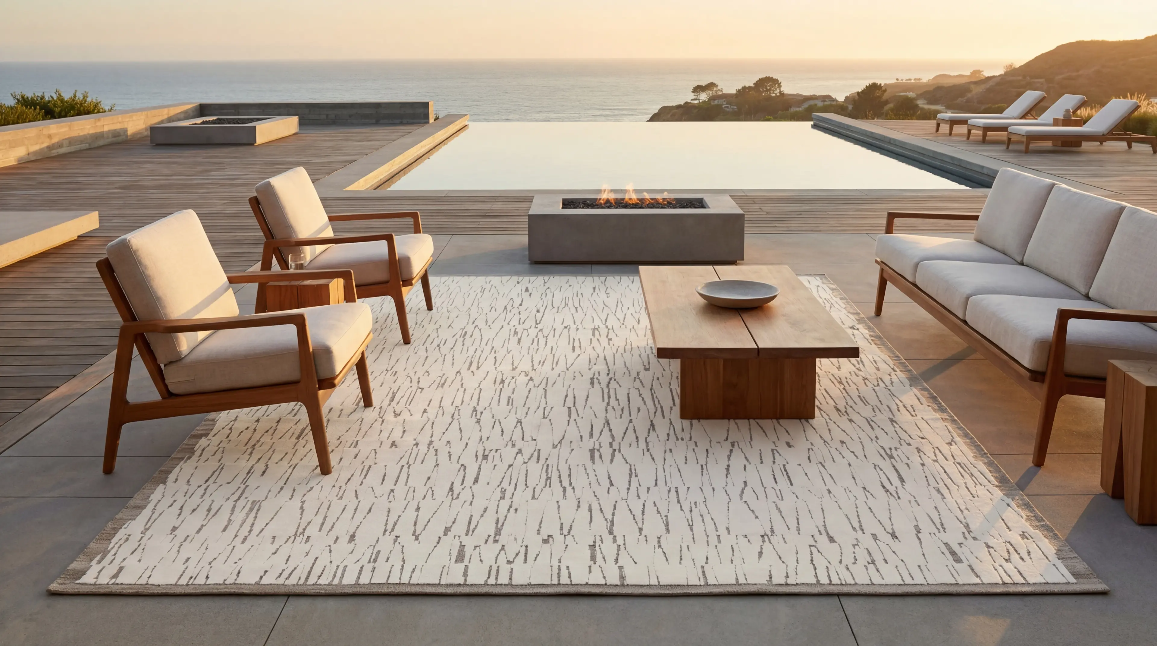 Kiri rug on terrace at sunset with infinity pool
