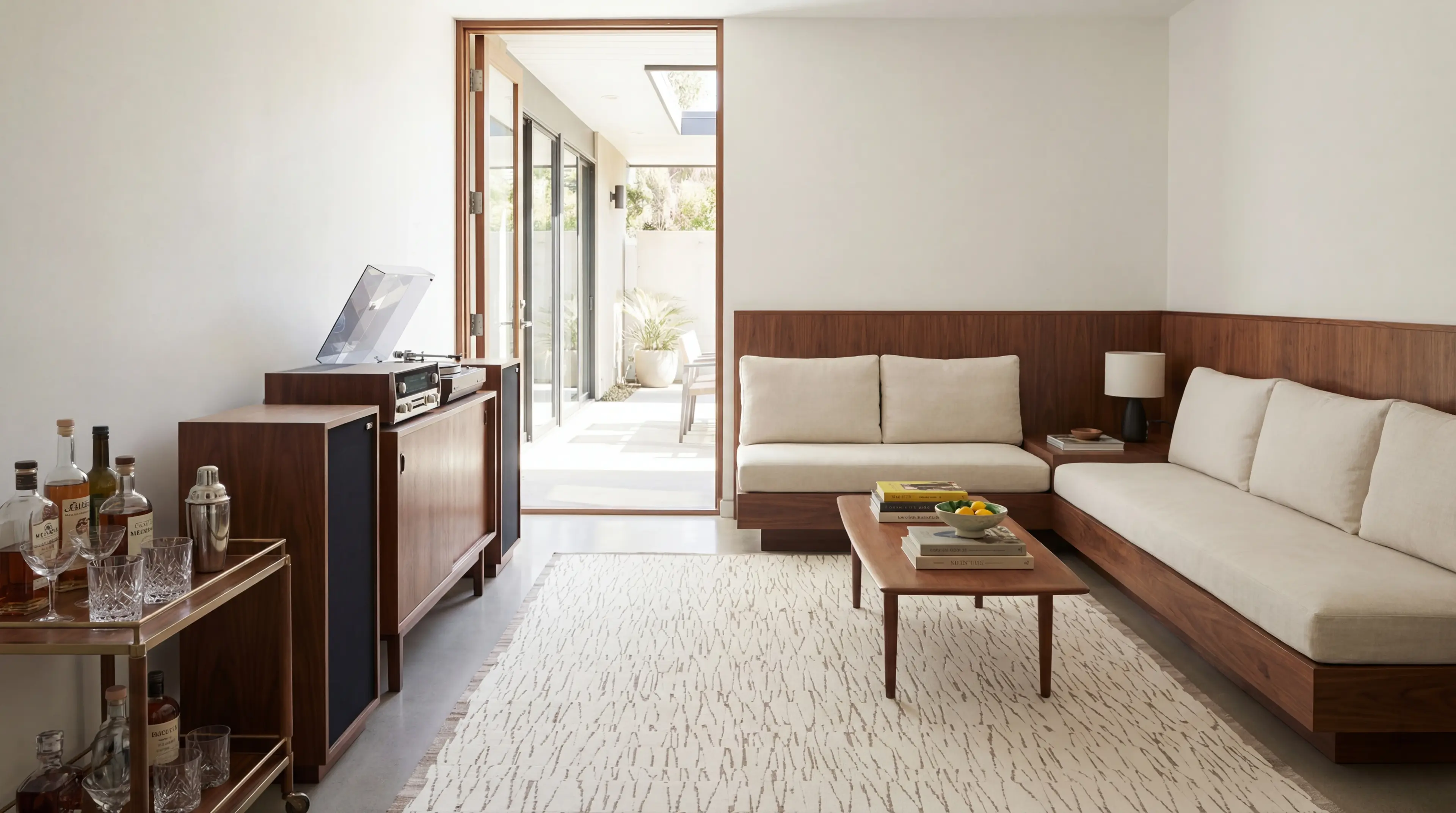Kiri rug in mid-century lounge with bar cart
