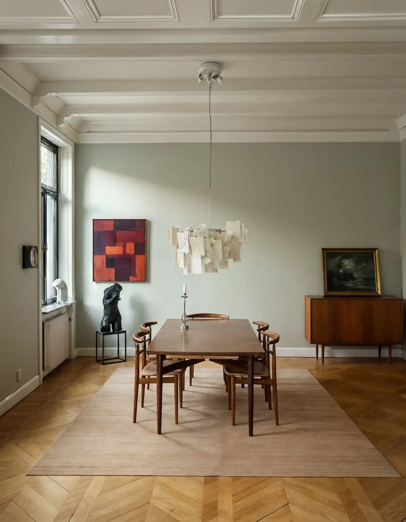 Sabi Natural jute rug in elegant dining room with mid-century furniture