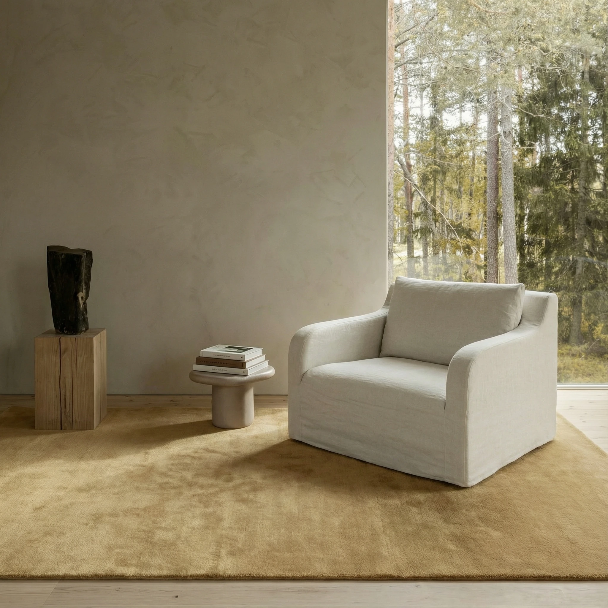 Living room with Kapetto Cashmere Caramel rug anchoring a seating arrangement